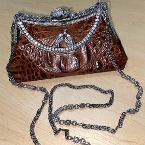 Besso Brown Croc Leather Handbag Evening Purse Besso Swarovski Crystal’s